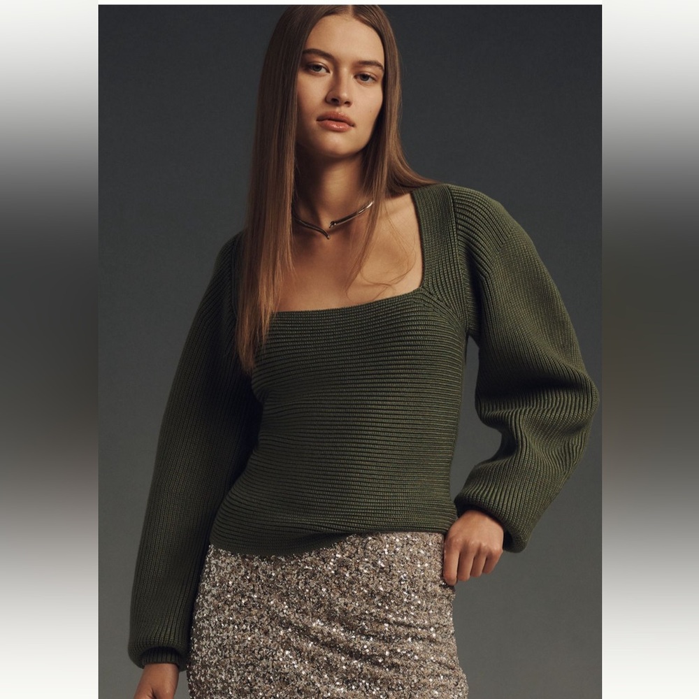 Maeve Olive Square-Neck Ribbed Knit Sweater with Balloon Sleeves
